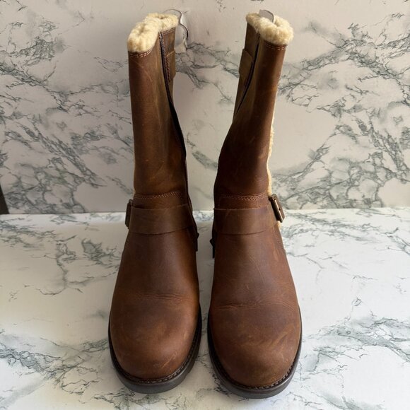 Clarks Women 9 Orinoco Art Boot Winter Shearling Lined Brown Leather Mid Calf - Picture 2 of 7